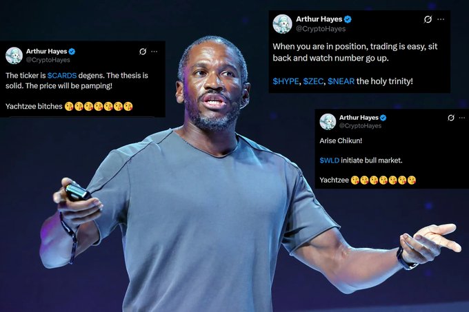 The image shows Arthur Hayes (@CryptoHayes) giving a presentation, surrounded by three of his tweets promoting altcoins like $CARDS, $HYPE, $ZEC, $NEAR, and $WLD, with captions like "The ticker is $CARDS degens. The thesis is solid" and "Arise Chikun! $WLD initiate bull market." The image illustrates the post's point that Hayes, a prominent crypto figure, regularly hypes various altcoins to his followers, potentially creating exit liquidity for insiders.