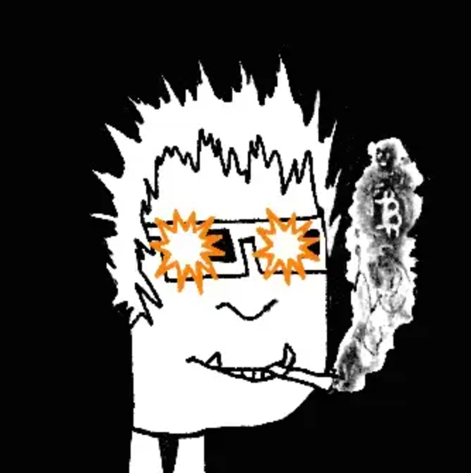 A crudely drawn cartoon character with spiky hair, rectangular sunglasses with orange starbursts, and a cigarette in its mouth that morphs into a cloud of smoke shaped like a Bitcoin logo.