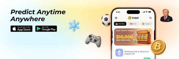 A Bagel gambling app banner reads “Predict Anytime Anywhere,” with App Store and Google Play badges, a smartphone interface, and floating sports, gaming, crypto, and Bitcoin graphics.