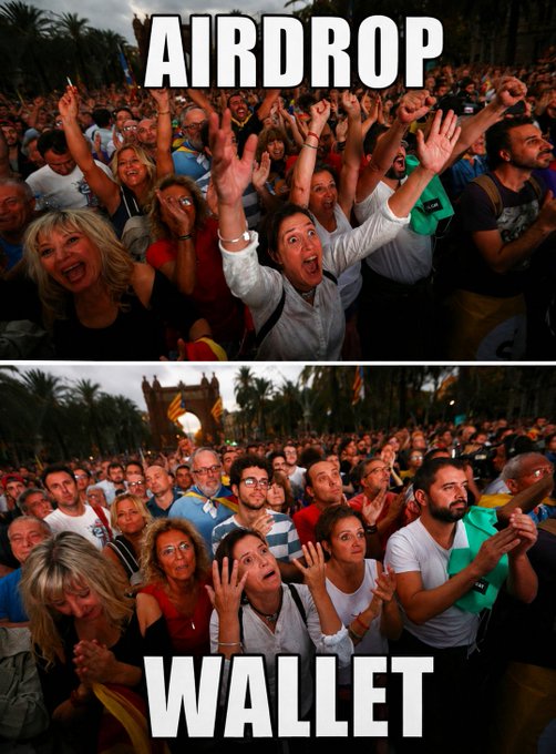 The image is a two-panel meme showing an excited crowd with raised arms in the top panel labeled "AIRDROP" and a more subdued, awkward crowd in the bottom panel labeled "WALLET."

The humor captures the contrast between crypto participants' enthusiastic hype around airdrops and their awkward confusion or skepticism when it comes to actually setting up or using a wallet — perfectly illustrating how "CT" (crypto Twitter) culture celebrates token giveaways while often struggling with the basics of self-custody.