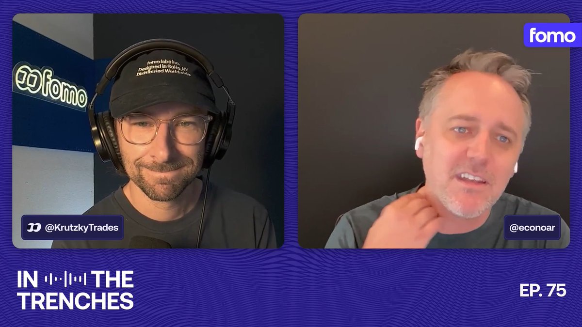 A thumbnail for "In The Trenches EP. 75" podcast by fomo, showing hosts @KrutzkyTrades wearing a fomo hat and @econoar on a video call.
