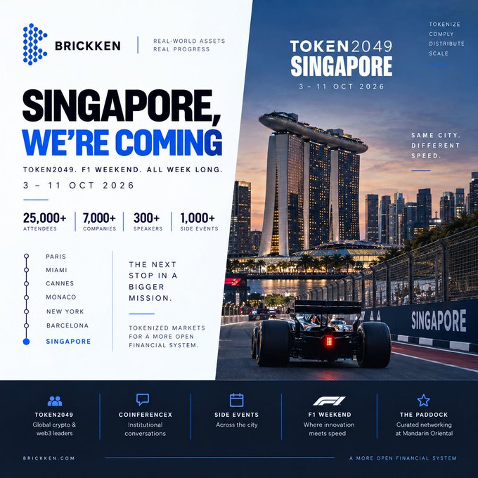 Promotional graphic for Brickken at TOKEN2049 Singapore (3-11 Oct 2026), featuring the Marina Bay Sands and F1 racing imagery, advertising 25,000+ attendees and 1,000+ side events.