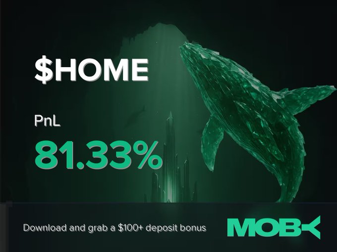 A Moby whale logo made of green digital code appears with text showing '$HOME PnL 81.33%' and a banner advertising 'Download and grab a $100+ deposit bonus'.