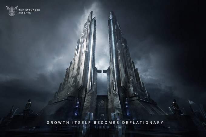 A dark, dramatic image of a large gothic-style building under stormy clouds with text reading 'THE STANDARD RESERVE' and 'GROWTH ITSELF BECOMES DEFLATIONARY'.