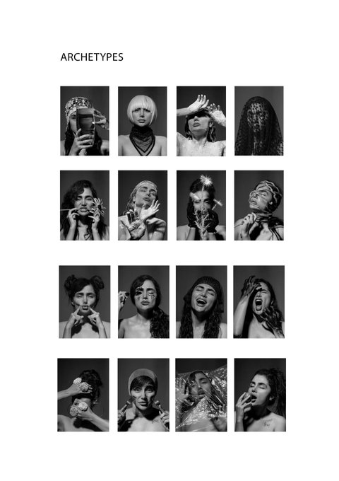 A black and white photography series titled 'ARCHETYPES' featuring a 4x4 grid of 16 portraits of women making various expressive gestures and faces in front of a dark backdrop.