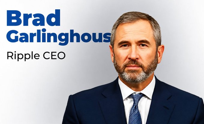 The image shows a professional headshot of Brad Garlinghouse, identified by on-screen text as the Ripple CEO, wearing a dark suit and tie against a gray background. The caption and accompanying post reference the $130 billion remittance market and his participation in an IMF discussion about digital assets' role in financial innovation.