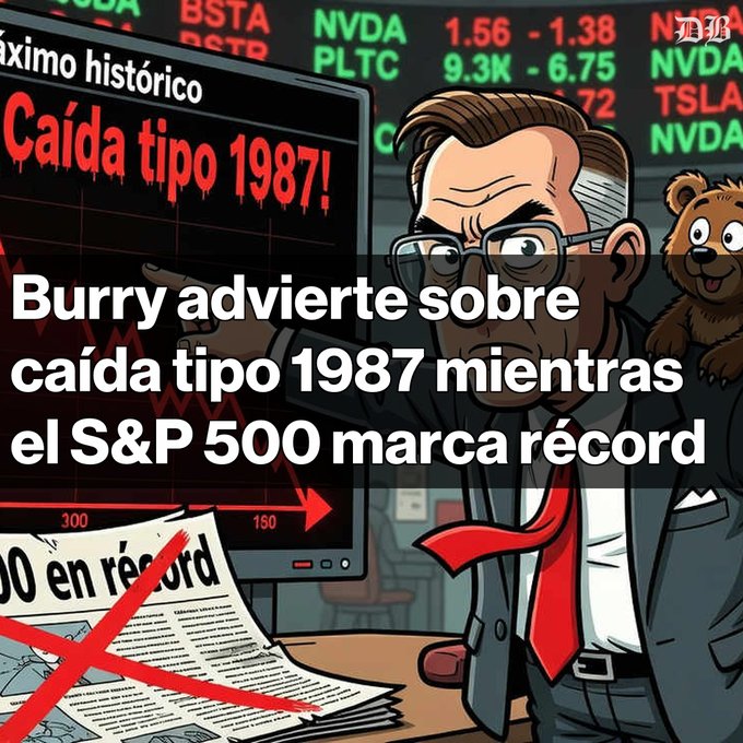 A cartoon illustration of a man in a suit with a teddy bear on his shoulder, with Spanish text 'Burry advierte sobre caída tipo 1987 mientras el S&P 500 marca récord' and a screen showing '¡Caída tipo 1987!' and stock tickers (NVDA, BSTA, PLTC, TSLA).