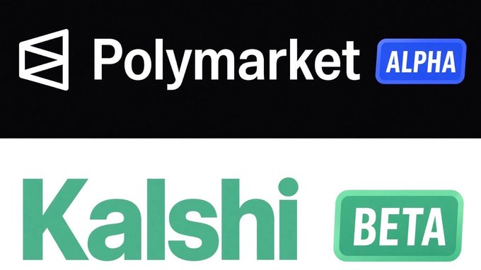 A comparison graphic showing the logos for 'Polymarket' (labeled ALPHA) and 'Kalshi' (labeled BETA) on black and white backgrounds.