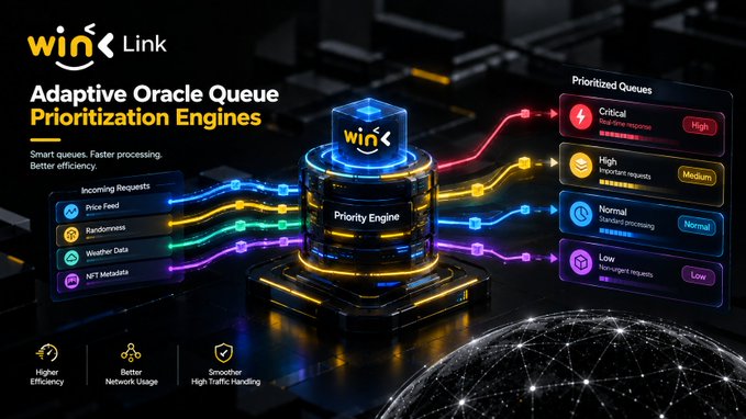 A promotional graphic for 'WINk Link' Adaptive Oracle Queue Prioritization Engines, showing incoming requests (Price Feed, Randomness, Weather Data, NFT Metadata) being routed through a Priority Engine to prioritized queues (Critical, High, Normal, Low).