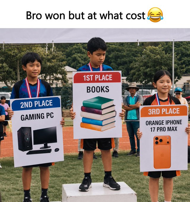 A meme captioned 'Bro won but at what cost😂' showing three children on a sports podium: 1st place wins books, 2nd place gets a gaming PC, and 3rd place receives an Orange iPhone 17 Pro Max.