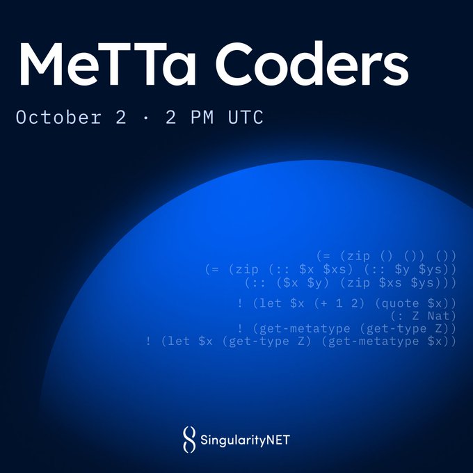 A promotional graphic for 'MeTTta Coders' scheduled for October 2 at 2 PM UTC, hosted by SingularityNET.