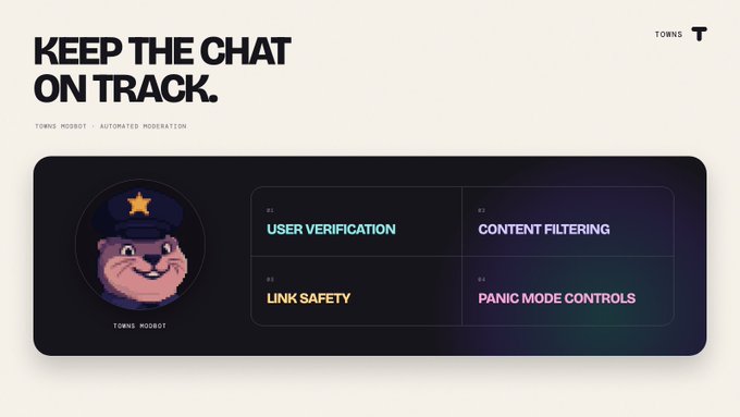 A promotional graphic titled 'KEEP THE CHAT ON TRACK' for 'TOWNS' featuring the Towns Mrobot character and four features: User Verification, Content Filtering, Link Safety, and Panic Mode Controls.