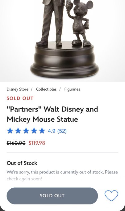A Disney Store product page for the '"Partners" Walt Disney and Mickey Mouse Statue' showing a 4.9-star rating, a discounted price of $119.98 from $160.00, and a 'SOLD OUT' status.