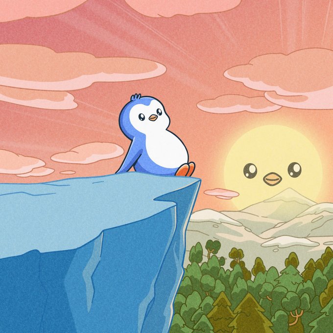 A cute cartoon penguin sits on the edge of an icy blue cliff, looking out at a smiling sun and a pink-hued sky with clouds.
