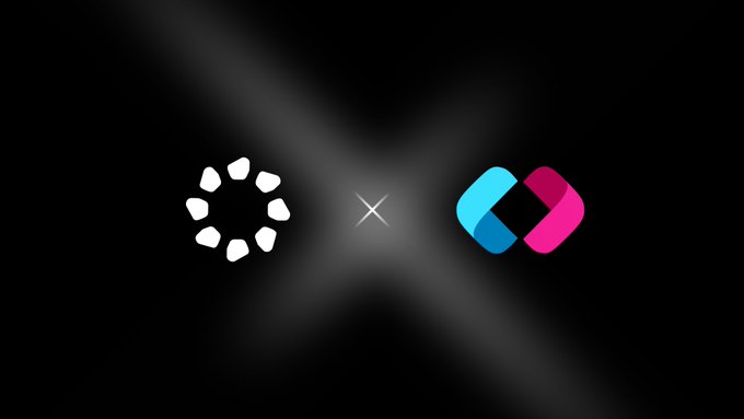 A black promotional graphic showing two logos connected by an 'X', indicating a partnership or collaboration.