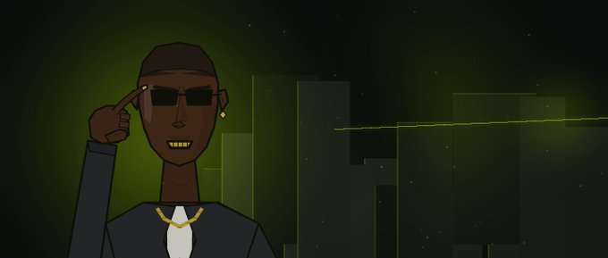 An animated cartoon character with dark skin, wearing sunglasses, a gold chain, and a dark shirt, pointing to their temple against a dark green background with geometric shapes.
