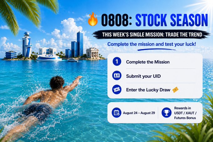 A promotional graphic for '0808: STOCK SEASON' with a tropical island background, listing mission steps: Complete the Mission, Submit your UID, Enter the Lucky Draw, running August 24 – August 29.
