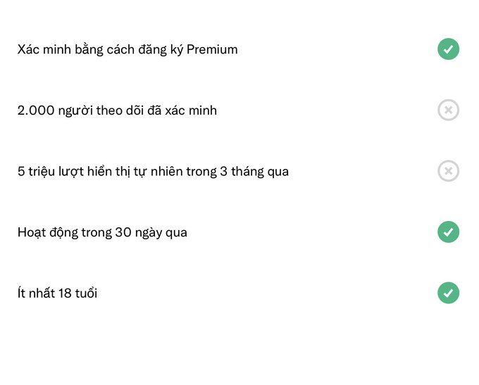 A checklist in Vietnamese showing verification requirements, including 'Xác minh bằng cách đăng ký Premium' (checked), '2.000 người theo dõi đã xác minh' (unchecked), and other requirements with checkmarks or X marks.