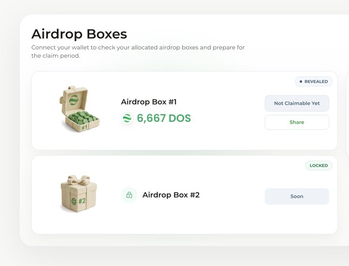 An "Airdrop Boxes" webpage interface showing a revealed Airdrop Box #1 containing 6,667 DOS tokens with options to share, and a locked Airdrop Box #2 marked as "Soon".