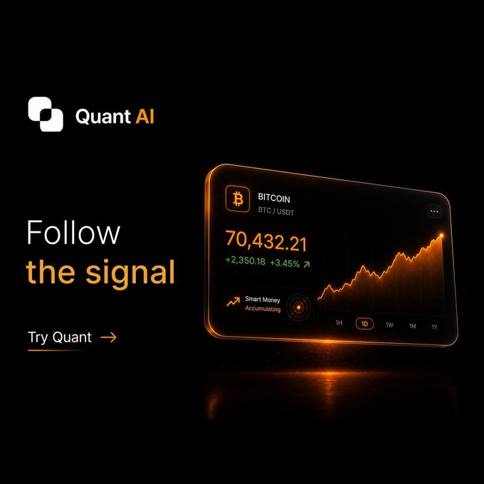 A sleek black advertisement for "Quant AI" with the tagline "Follow the signal" and a "Try Quant" call-to-action button. The featured UI panel shows Bitcoin (BTC/USDT) at $70,432.21 with a +3.45% gain and a "Smart Money Accumulating" indicator, visually echoing the post's theme of hidden market forces driving price movements.