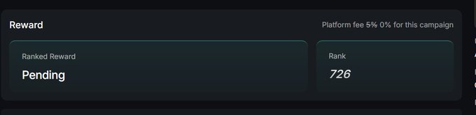 A UI showing a 'Reward' section with 'Ranked Reward' status 'Pending' and a 'Rank' of '726', noting 'Platform fee 5%, 0% for this campaign'.