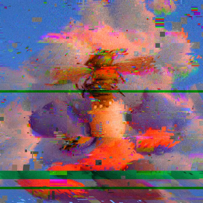 A glitch-art style image featuring chromatic aberration and pixel distortion, depicting an abstract figure in red and orange tones against a cloudy sky background.