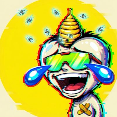 A vibrant cartoon character with a beehive-shaped head, green shutter shades, and blue tear streams laughs wildly while small bee icons buzz around them, paired with the "$LMAO! Twist" tagline to emphasize the absurd, humorous energy of the LT3NFT profile picture.