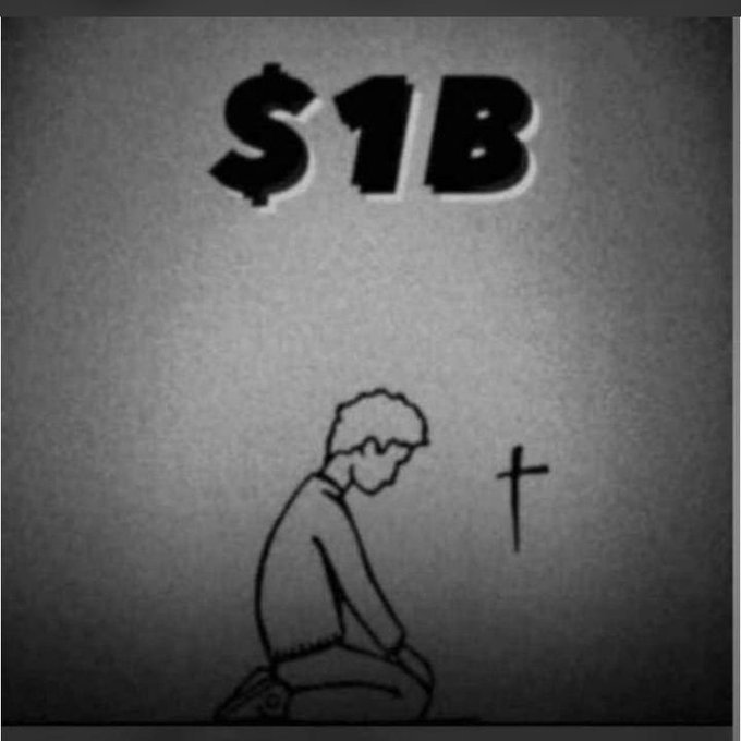 A sketch of a person kneeling in prayer before a cross, with the text '$1B' floating above them in a dark, minimalist style.