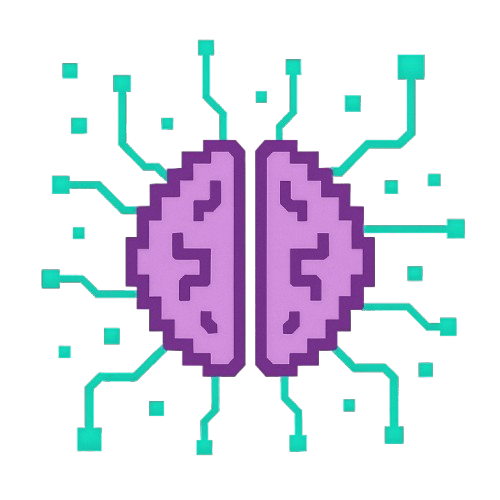 A pixel art illustration of a purple brain with teal circuit board lines extending outward, symbolizing artificial intelligence or neural networks.