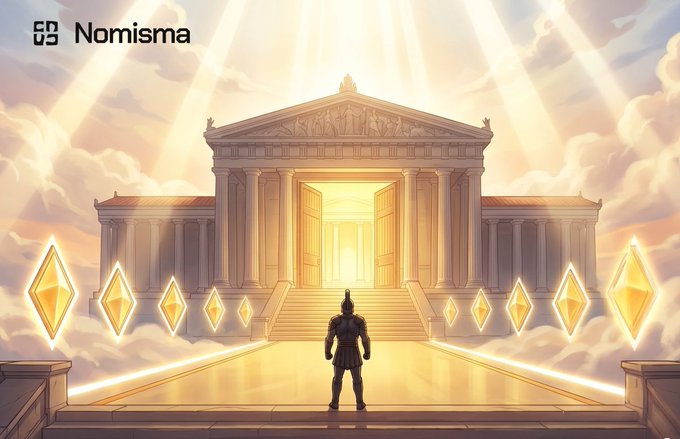 A fantasy illustration of a warrior standing before a glowing golden temple in the clouds, with the 'Nomisma' logo in the top left corner.