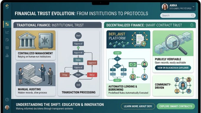 A digital infographic titled 'FINANCIAL TRUST EVOLUTION: FROM INSTITUTIONS TO PROTOCOLS' comparing 'TRADITIONAL FINANCE: INSTITUTIONAL TRUST' with 'DECENTRALIZED FINANCE: SMART CONTRACT TRUST'.