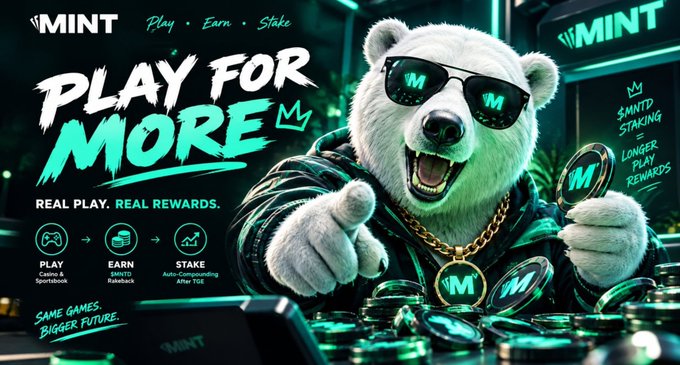 Promotional banner for 'MINT' with the text 'PLAY FOR MORE' and 'Play • Earn • Stake,' featuring a smiling white bear wearing sunglasses and gold chains holding a coin with the MINT logo.