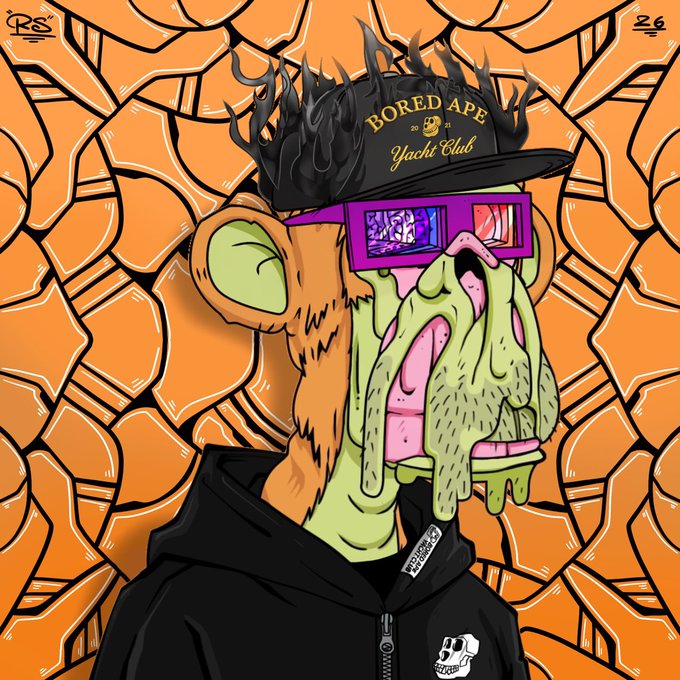A stylized cartoon illustration of a Bored Ape-style character wearing a 'BORED APE YACHT CLUB' cap and 3D glasses with a melting, distorted face, set against an orange patterned background.