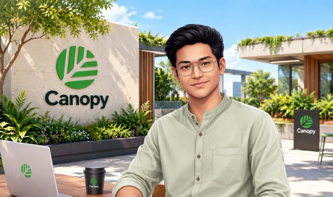 A young man wearing glasses and a green button-up shirt sits at a table with a laptop and coffee cup, both branded with the "Canopy" logo, set against a backdrop featuring the Canopy logo on a wall surrounded by greenery. The image visually reinforces the post's message about Canopy Network (@CNPYNetwork) building real infrastructure for AI-native appchains ahead of its mainnet launch, following the $8.5M funding announcement.