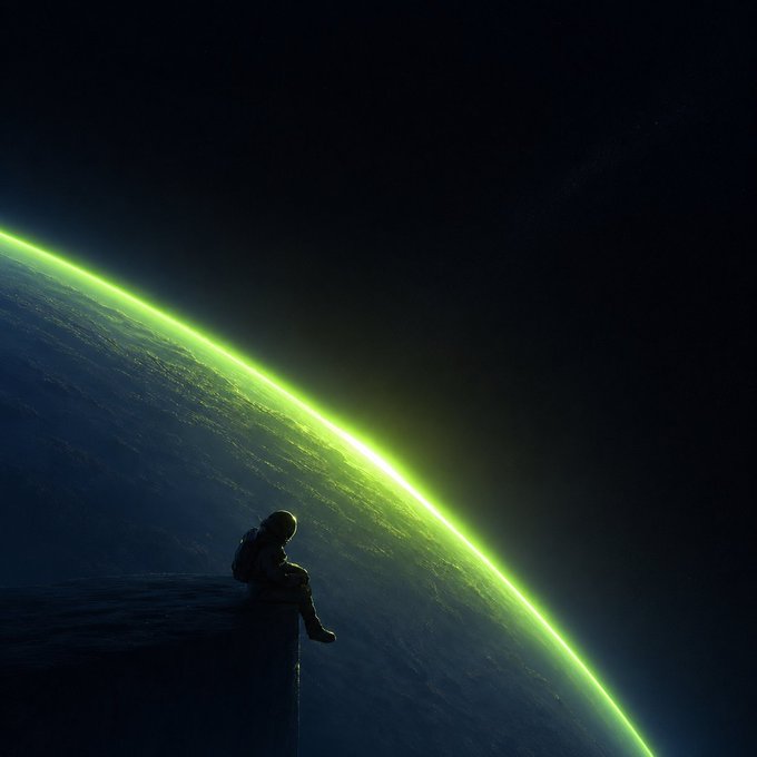 A lone astronaut sits on the edge of a cliff, gazing out at a distant planet glowing with a vivid green atmospheric edge against the dark expanse of space. The caption "Positioned before the rest of Earth notices:" captures the astronaut's solitary, contemplative moment as they witness Earth's dawn before anyone else.