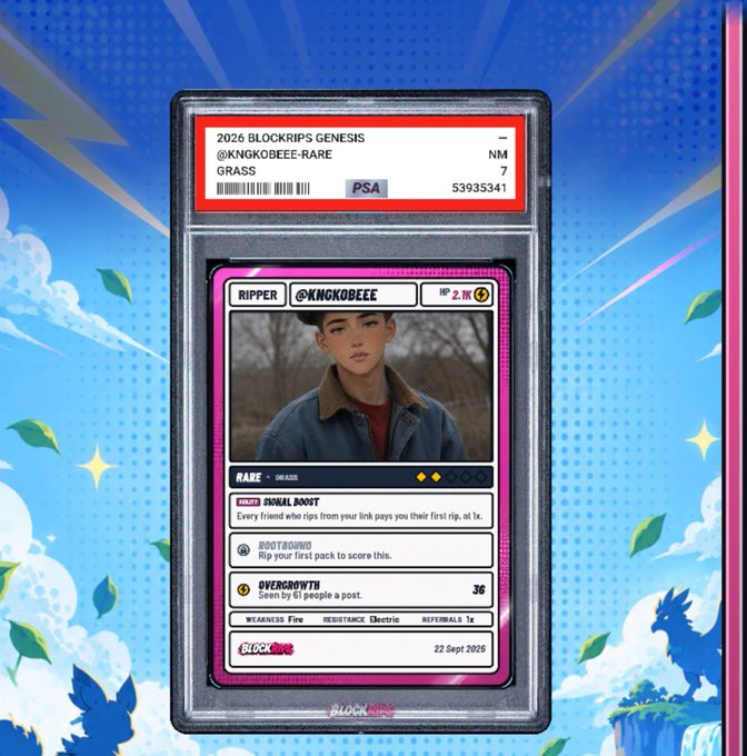 A PSA-graded PSA 7 NM collectible trading card titled '2026 BLOCKRIPS GENESIS @KNGKOBEEE-RARE GRASS' features an anime-style character with abilities 'SIGNAL BOOST' and 'OVERGROWTH'.