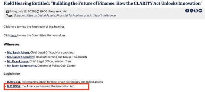 The image shows a Senate field hearing notice for "Building the Future of Finance: How the CLARITY Act Unlocks Innovation," scheduled for July 17, 2026, with highlighted legislation including H.R. 111 on blockchain/digital assets and H.R. 8957, "The American Reserve Modernization Act," which relates to the post's mention of a BTC reserve bill being discussed at the hearing.