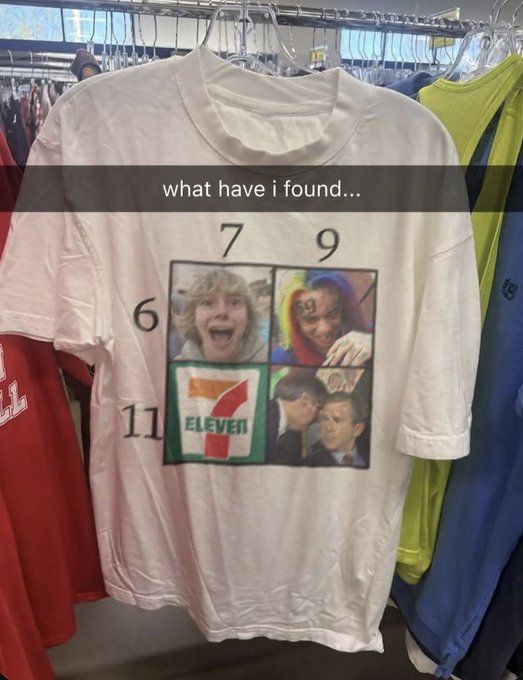 A white t-shirt displayed on a hanger in a store features a grid of four images including the 7-Eleven logo and photos of people, with numbers around it and an Instagram story overlay reading 'what have i found...'.