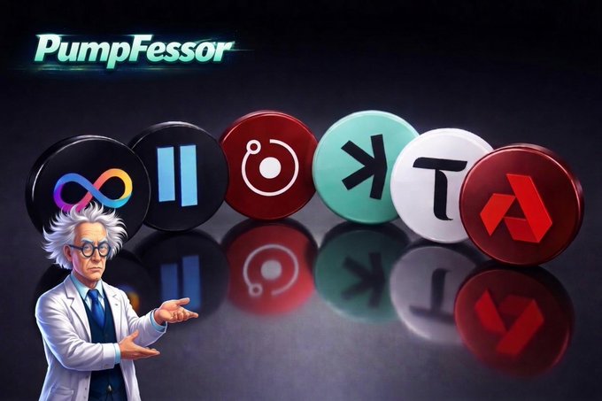 The image features a man standing next to five different colored buttons, each with a unique symbol or logo on them. The man appears to be dressed as a scientist, wearing a lab coat and glasses. He is pointing towards one of the buttons that says "PumpFossor". This button has a red circle with a white line through it, which could represent a specific cryptocurrency or token associated with PumpFossor.