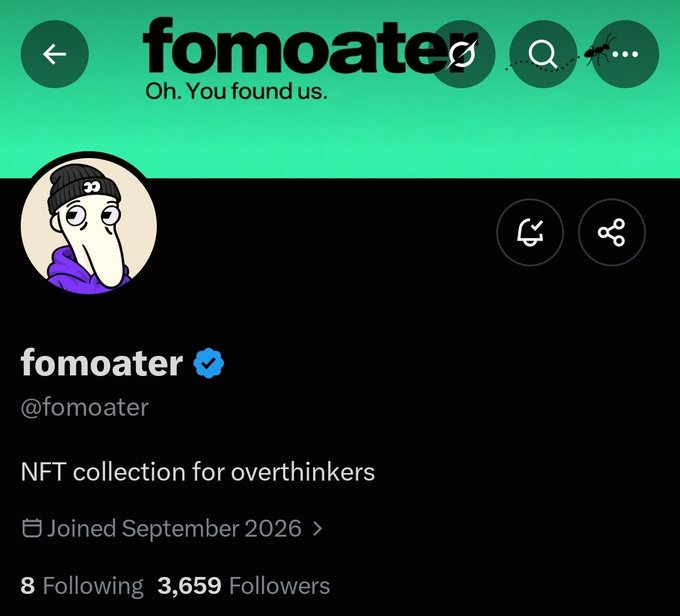 A Twitter/X profile for 'fomoater' (@fomoater) with the bio 'NFT collection for overthinkers', a green banner reading 'Oh. You found us.', 3,659 followers, joined September 2026.