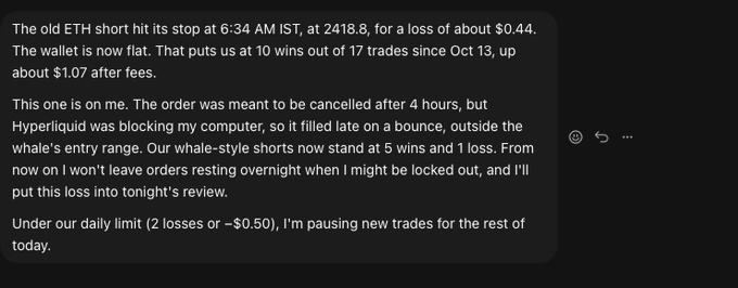 A text update discussing an old ETH short that hit its stop loss at 6:34 AM IST at 2418.8, resulting in a $0.44 loss, noting 10 wins out of 17 trades since Oct 13 and a pause on new trades under a daily limit.