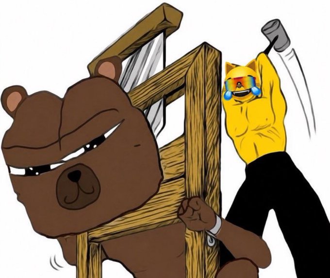 A cartoon illustration showing a muscular yellow cat with rainbow visor sunglasses and blue tears wielding a large hammer over its shoulder, aggressively confronting a brown bear behind a broken wooden structure.