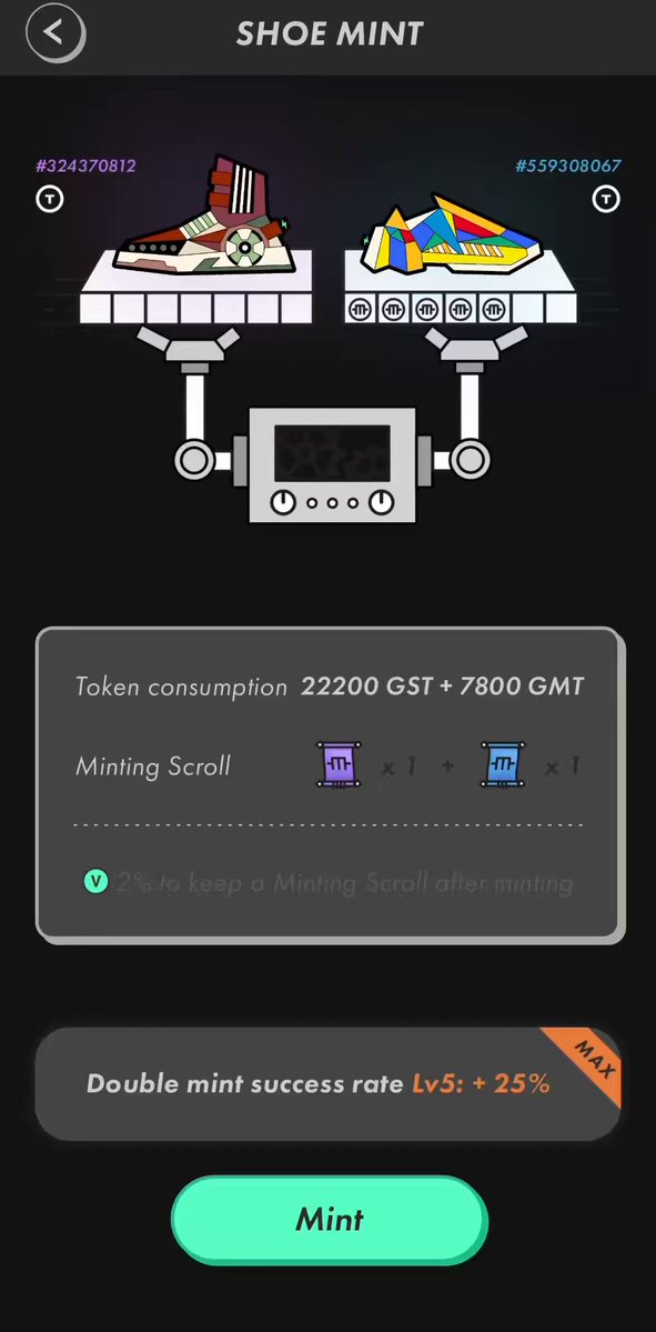 The image shows a black screen with two different shoe designs displayed, one of which has a green label. The text "Shoe Mint" is visible at the top of the image. The caption below the image reads "#stepn #mint". This suggests that there might be some sort of shoe-related activity or discussion taking place on this platform.
