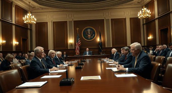 A formal meeting scene in an ornate chamber resembling the White House Situation Room, with officials in suits seated around a long wooden conference table facing a speaker at the head.