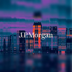 The image features the "J.P.Morgan" logo overlaid on a stylized purple and blue cityscape with illuminated skyscrapers, visually tying to the accompanying article about JPMorgan analysts' commentary on the Clarity Act's legislative status and shifting regulatory focus toward the SEC and CFTC.