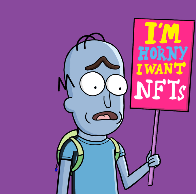 A cartoon character with blue skin and wide eyes holds a pink protest sign reading 'I'M HORNY I WANT NFTs' against a purple background.