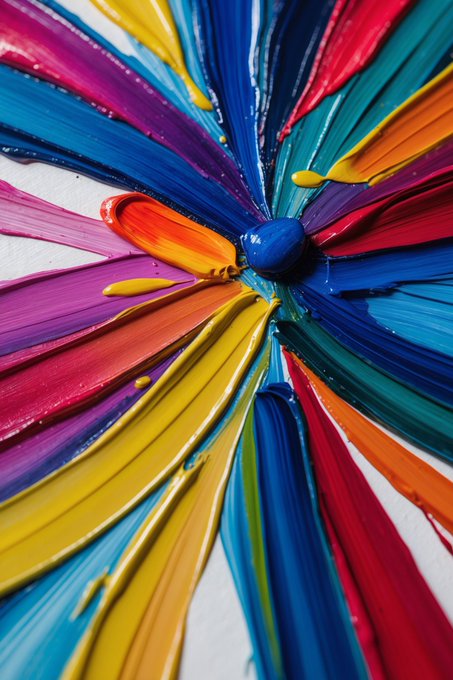 A vibrant abstract artwork featuring thick, textured strokes of colorful paint (red, blue, yellow, pink, green) radiating outward from a central blue circle on a white surface.