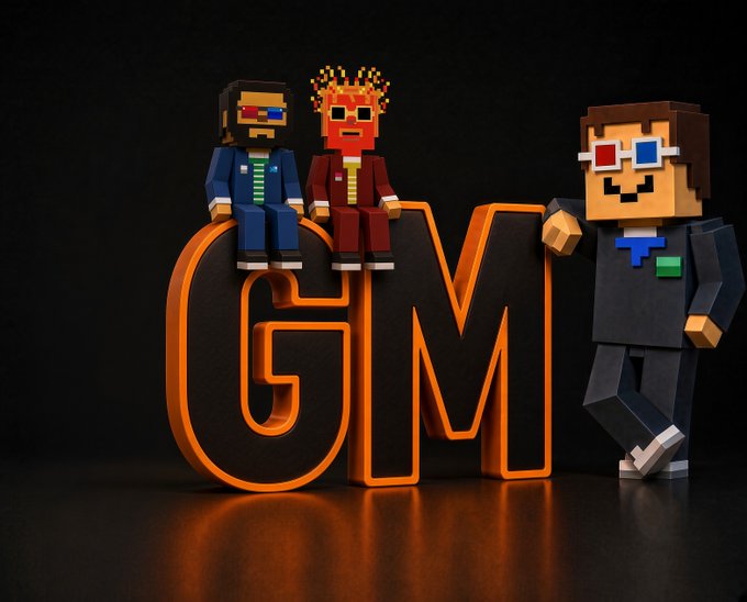 Three Minecraft-style blocky figures wearing 3D glasses pose around large orange illuminated 'GM' letters against a dark background.