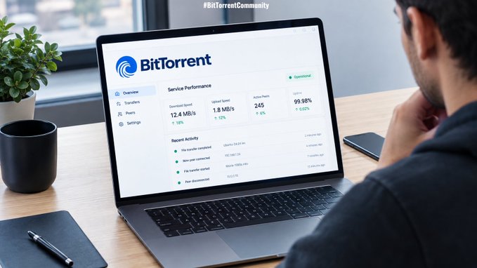 A man viewing the BitTorrent service performance dashboard on a laptop, showing download/upload speeds and recent activity, with the hashtag #BitTorrentCommunity at the top.