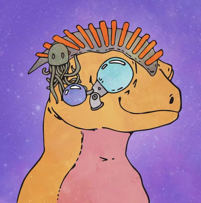 An illustration of an orange lizard-like creature wearing a mechanical headpiece with a blue lens and red spikes against a purple starry background.